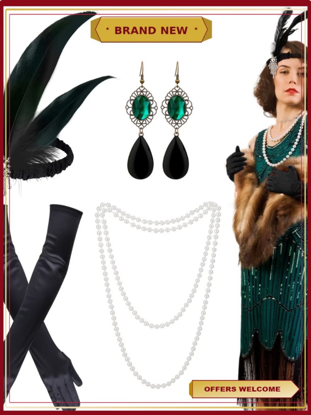 1920s Fringe Dress Set with Headpiece, Gloves, Pearl Necklace